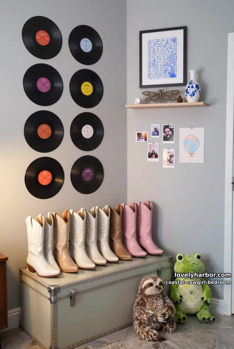 bedroom with vinyl record wall, grid decor, cowboy boots row, plush animals. 1