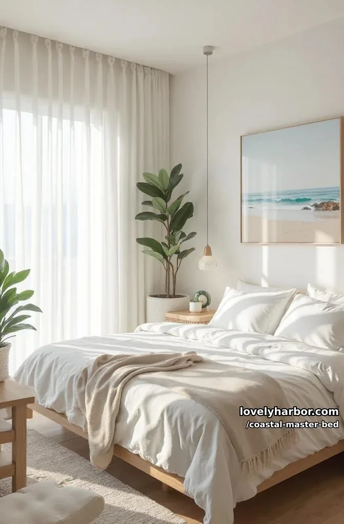 bedroom with whites, creams, and blues, rattan accents, and minimalistic decor. 1