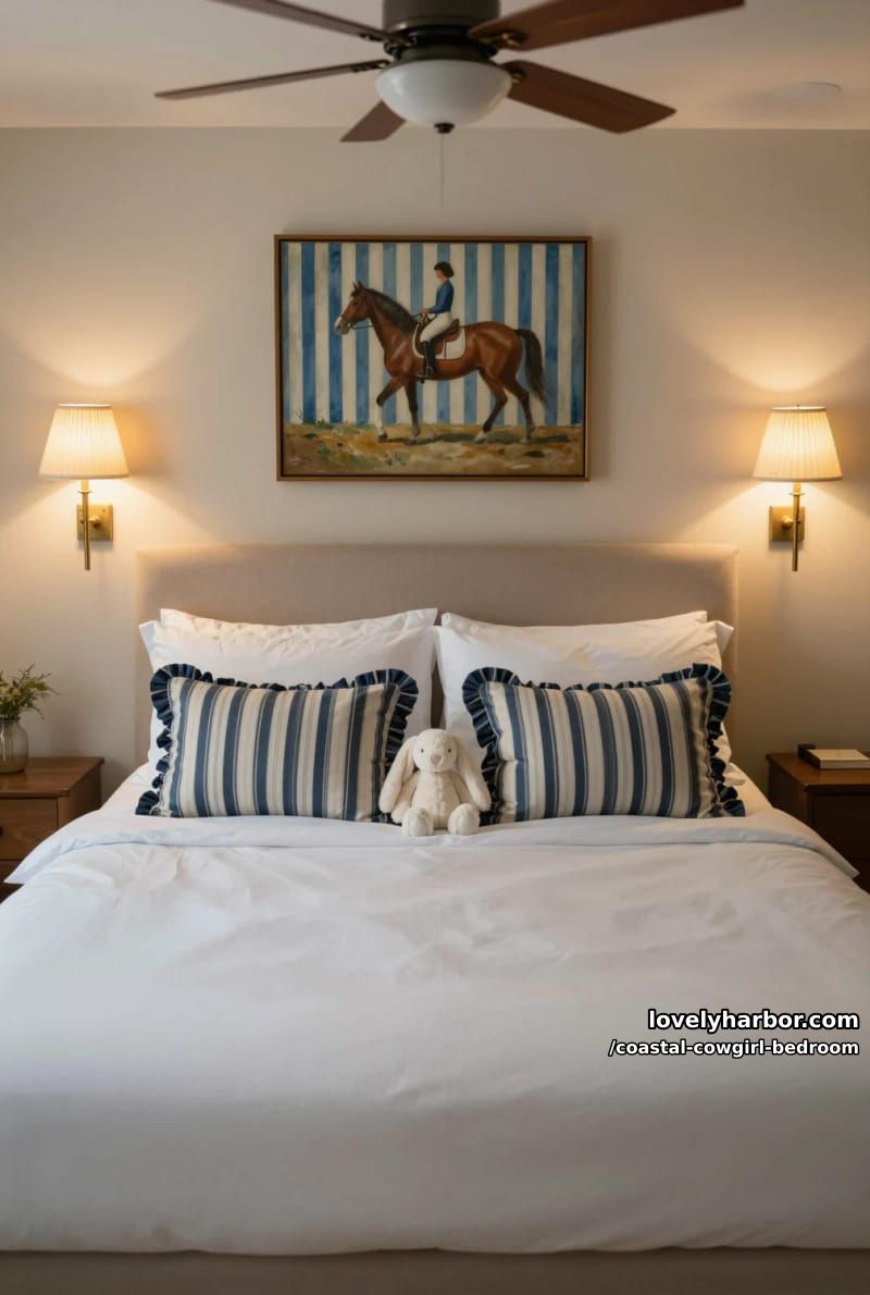 beige headboard bed, striped pillows, plush bunny, horse painting, brass sconces. 1