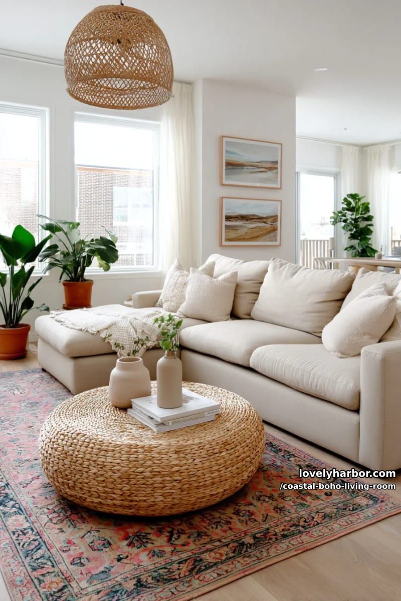 beige sectional, rattan coffee table, persian rug, and abundant greenery. 1