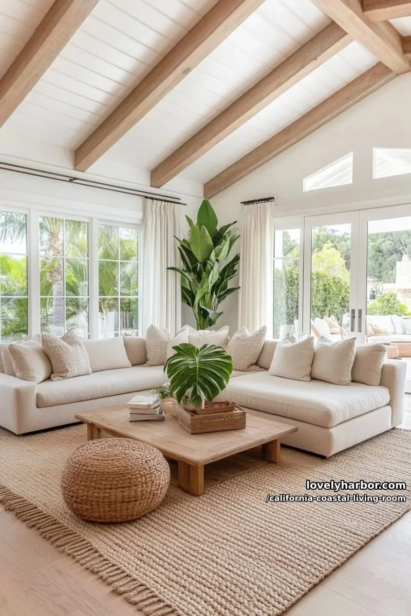 beige sofa living room, indoor plants, wood beams, and seamless outdoor transition. 1