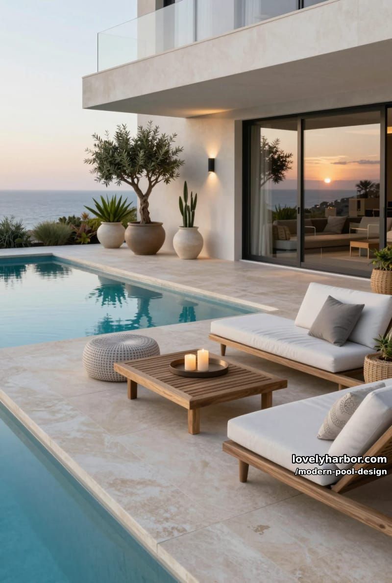 beige stone pool deck, minimalist loungers, ceramic planters, and sunset sea view. 1