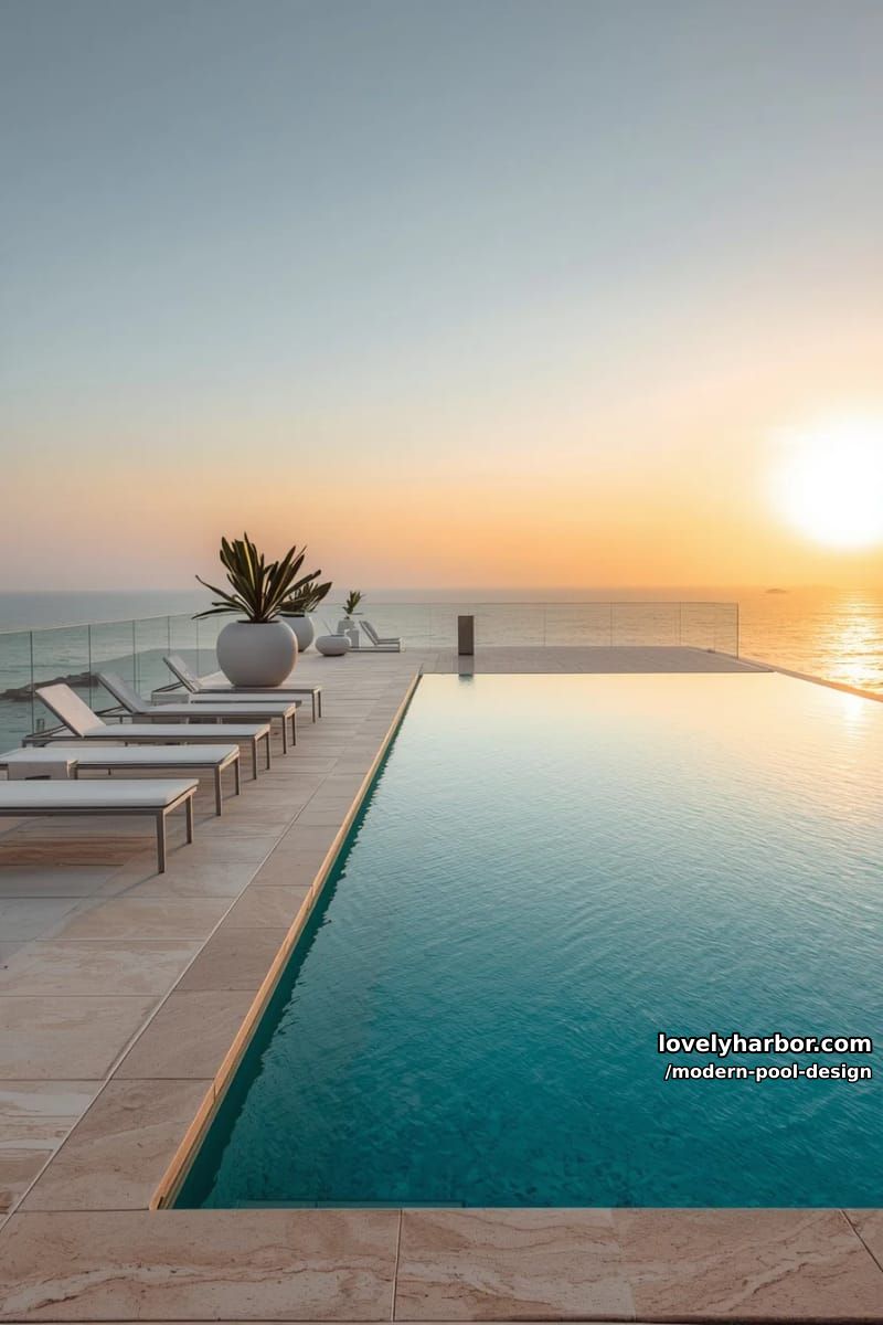 beige stone pool deck, minimalist loungers, ceramic planters, and sunset sea view. 1