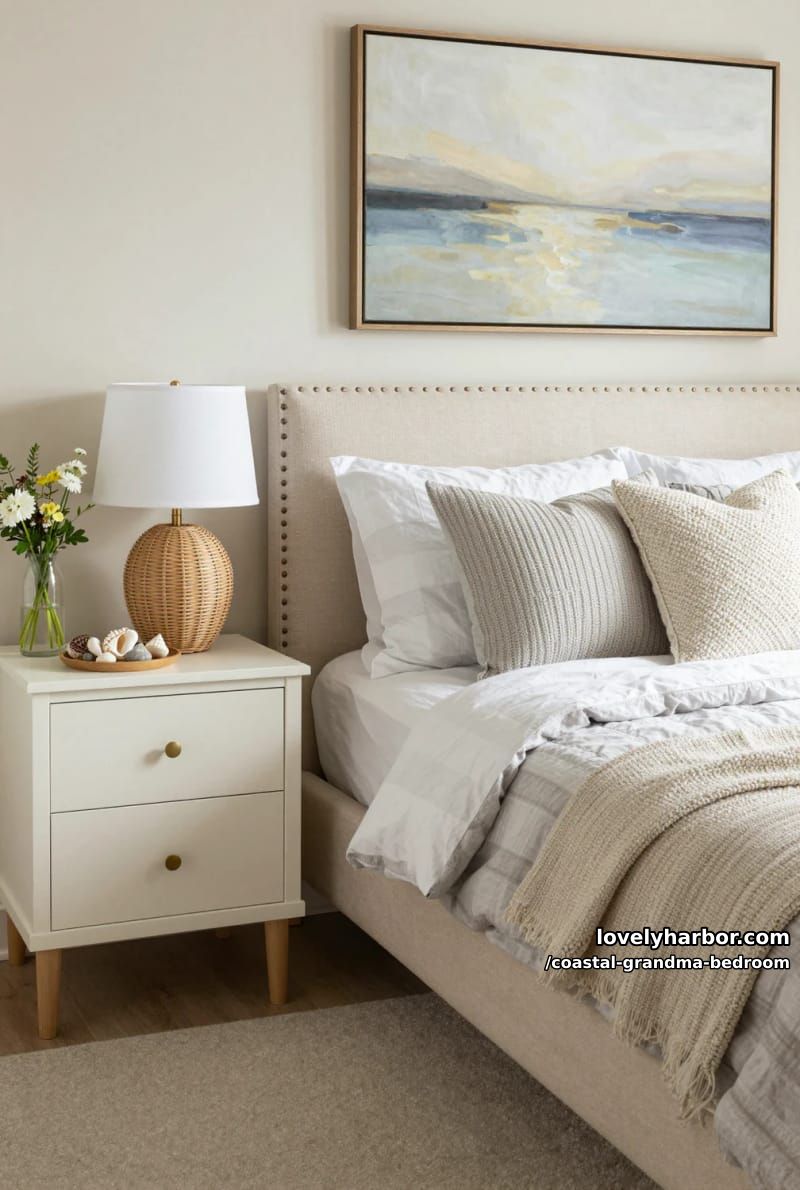beige upholstered bed with gray checkered bedding, seashell decor, and abstract seascape art. 1