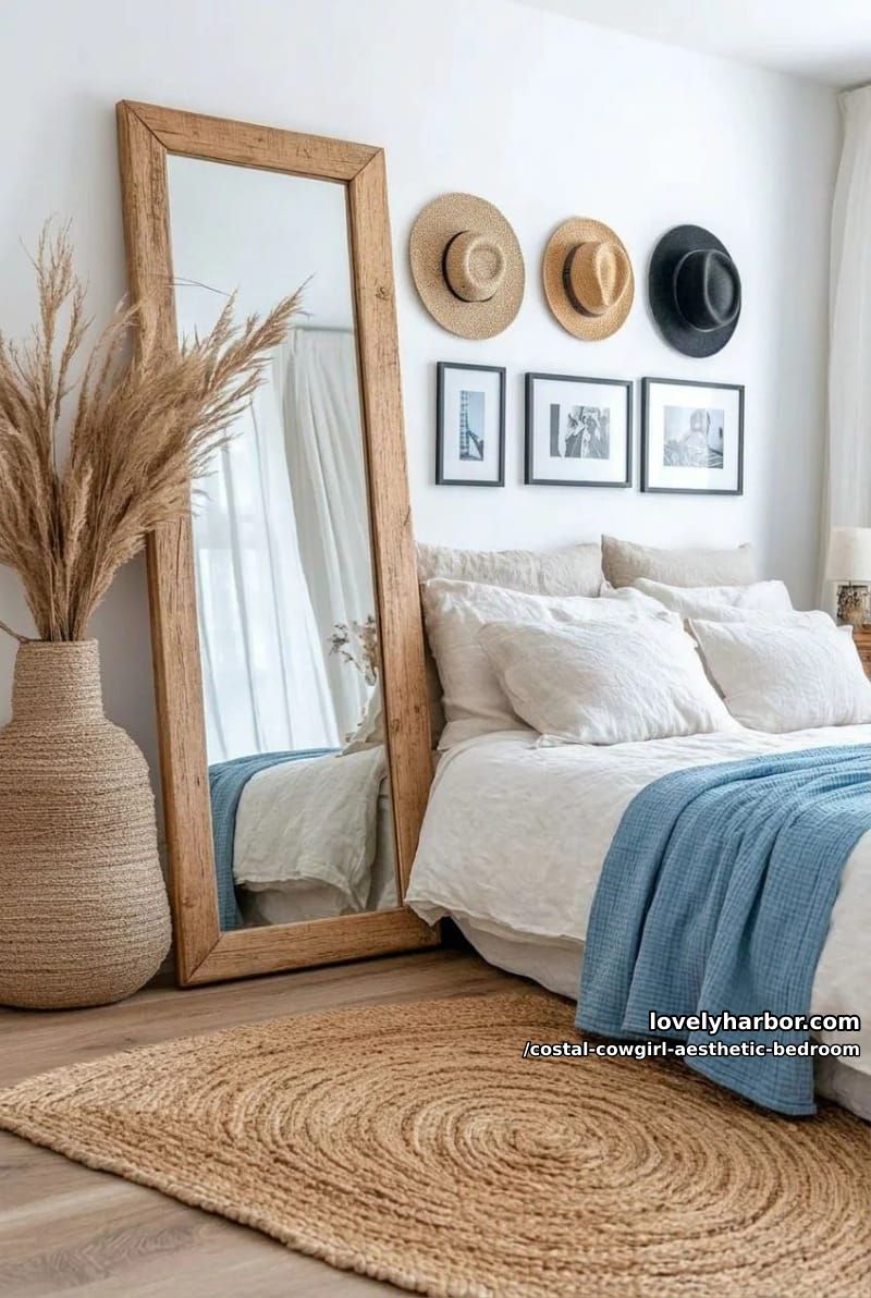 black-and-white photos with black hat, straw hats, and wooden-framed mirror 1
