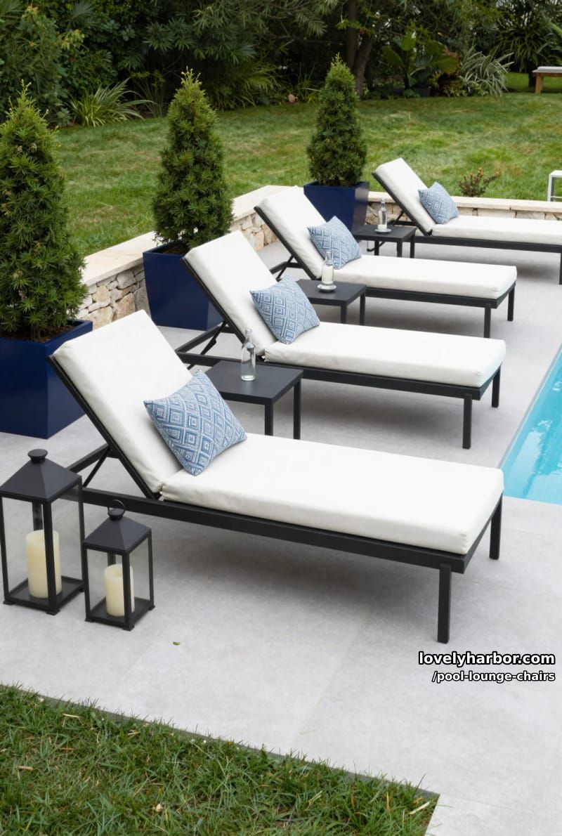 black-framed lounge chairs with white cushions and blue pillows, modern patio. 1