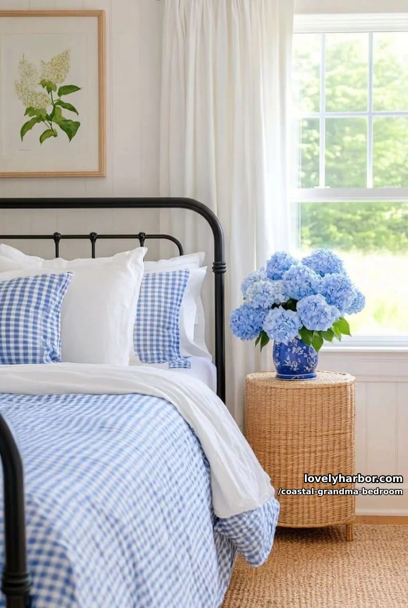 black metal bed with gingham bedding, blue floral vase, and white beadboard walls. 1