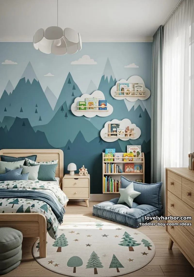 15 Playful Toddler Boy Room Design Ideas for Your Next Makeover 10 blue and green mountain mural with a reading nook and cloud shelves. 1