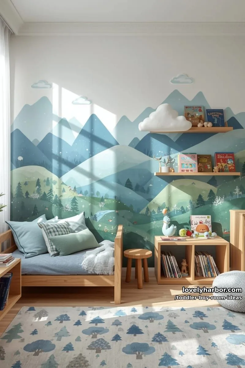 15 Playful Toddler Boy Room Design Ideas for Your Next Makeover 11 blue and green mountain mural with a reading nook and cloud shelves. 1