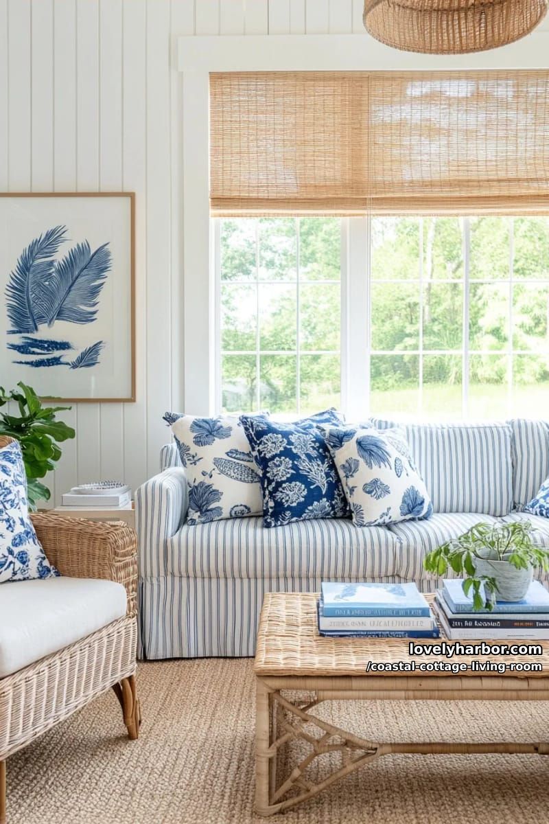 blue and white striped sofa, jute rug, and cottage farmhouse details. 1
