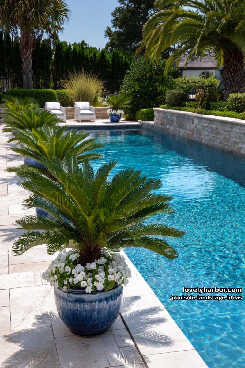 blue ceramic pots with sago palms and white flowers along pool edge. 1