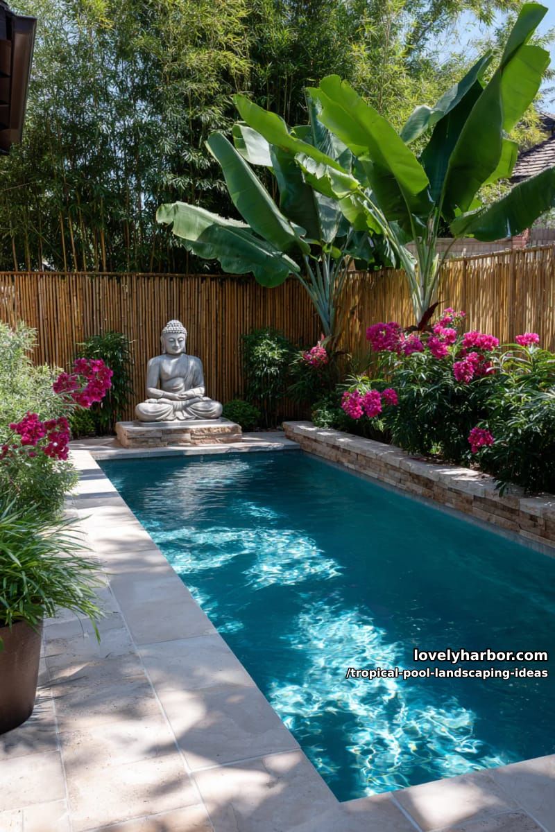 blue pool with buddha statue, banana leaves, bamboo fence, pink flowers. 1