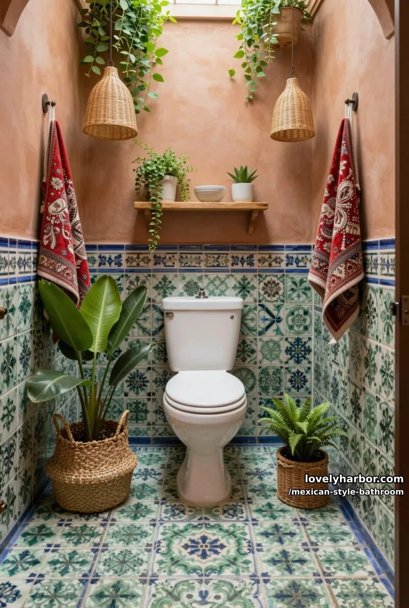 bohemian bathroom with green-blue patterned tiles, terracotta walls, and hanging plants. 1