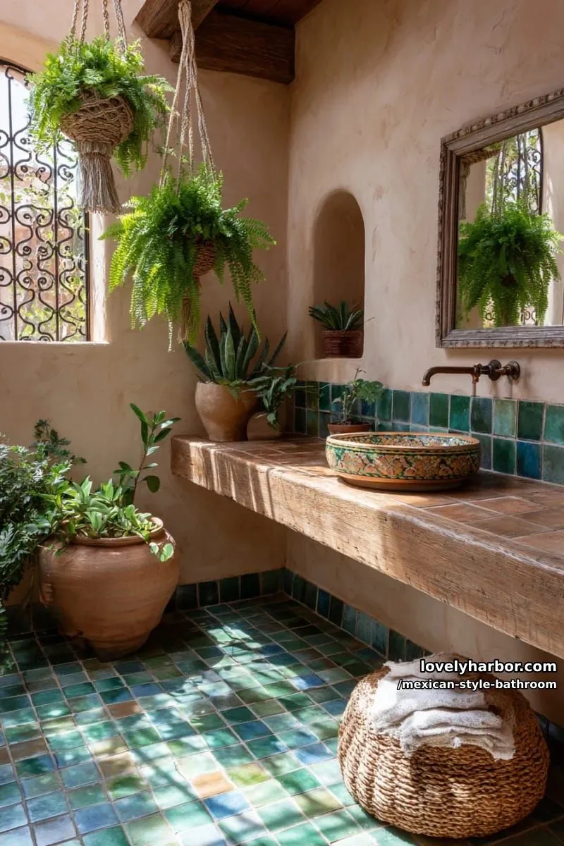 bohemian bathroom with green-blue patterned tiles, terracotta walls, and hanging plants. 1