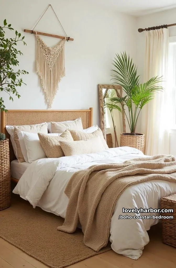 20 Boho Coastal Bedroom Ideas for a Dreamy Retreat 1 bohemian bedroom with layered bedding, macramé, greenery, and woven accents. 1