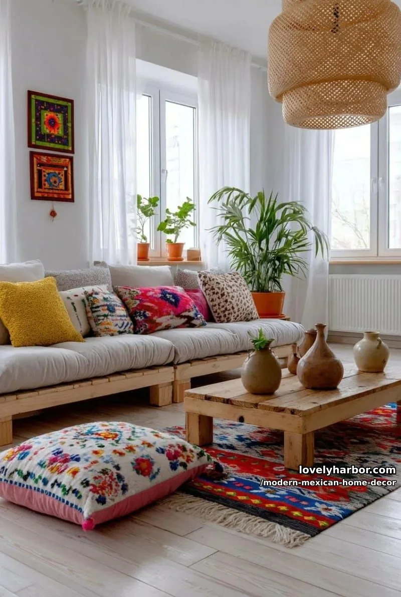 18 Modern Mexican Decor for a Stylish Home 14 bohemian living room with bold rug, colorful pillows, and oversized rattan pendant. 1
