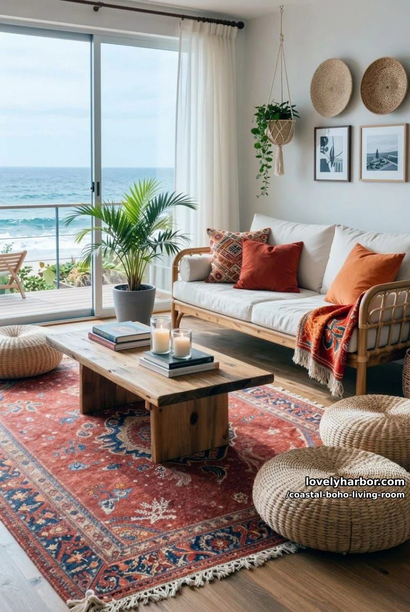 bohemian ocean-view living room with rattan daybed and warm earthy tones. 1