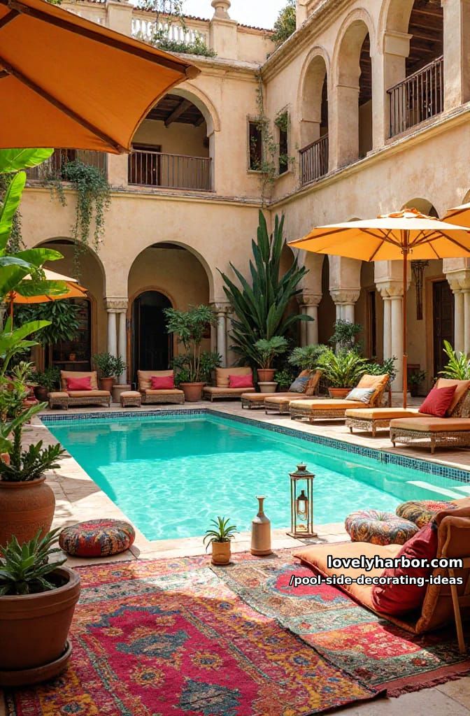 bohemian pool area with patterned rugs, colorful pillows, tropical plants, and mosaic tiles. 1