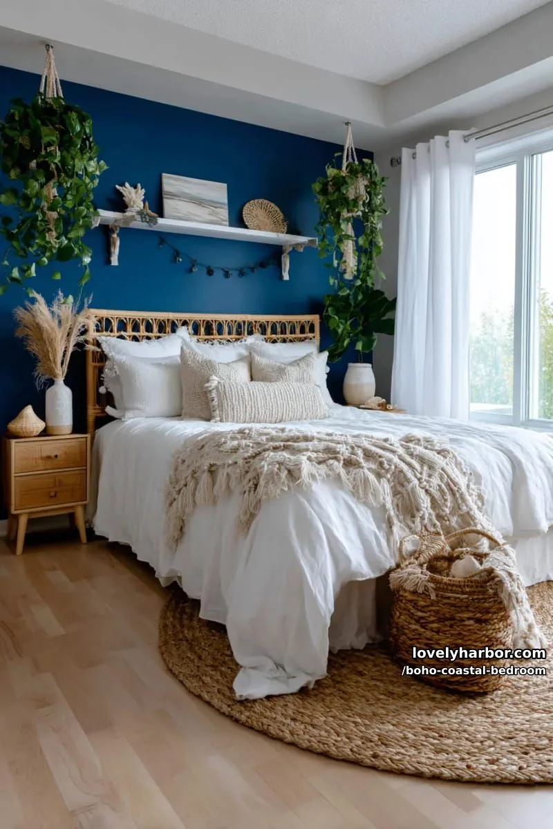 20 Boho Coastal Bedroom Ideas for a Dreamy Retreat 16 boho beach bedroom with blue accent wall, draped lighting, and hanging vines. 1