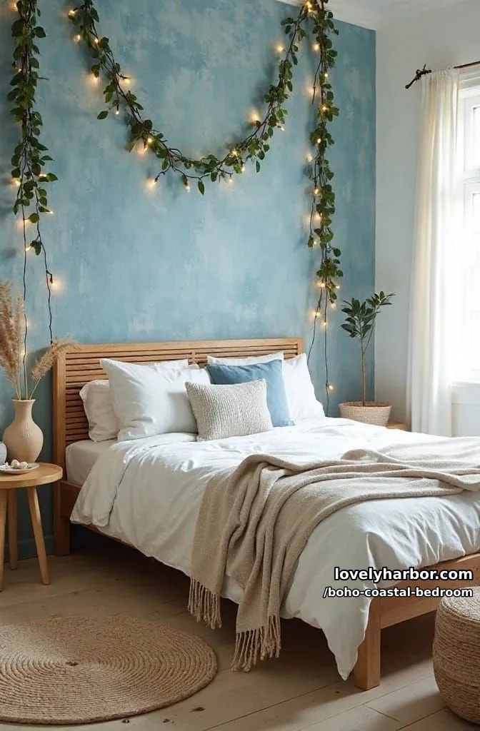 20 Boho Coastal Bedroom Ideas for a Dreamy Retreat 17 boho beach bedroom with blue accent wall, draped lighting, and hanging vines. 1