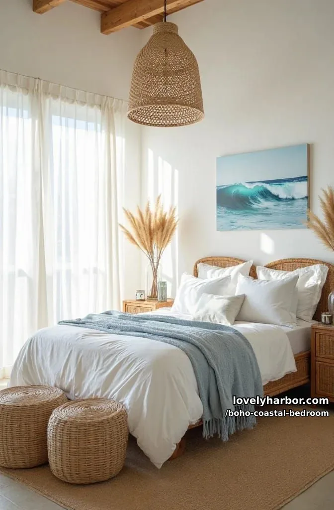 20 Boho Coastal Bedroom Ideas for a Dreamy Retreat 22 boho coastal bedroom with canopy, rattan bed, blue throw, and pampas grass. 1