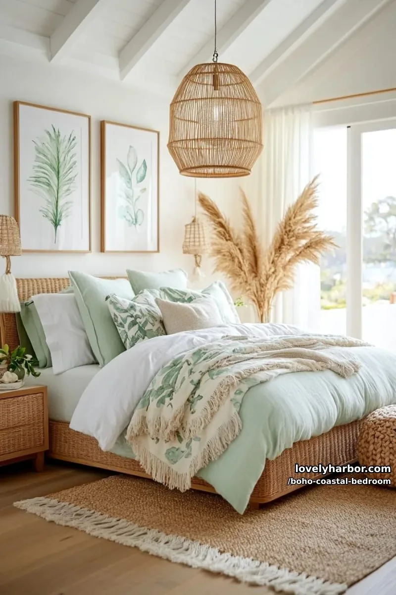 20 Boho Coastal Bedroom Ideas for a Dreamy Retreat 14 boho coastal bedroom with mint and beige bedding, art gallery, and pampas. 1