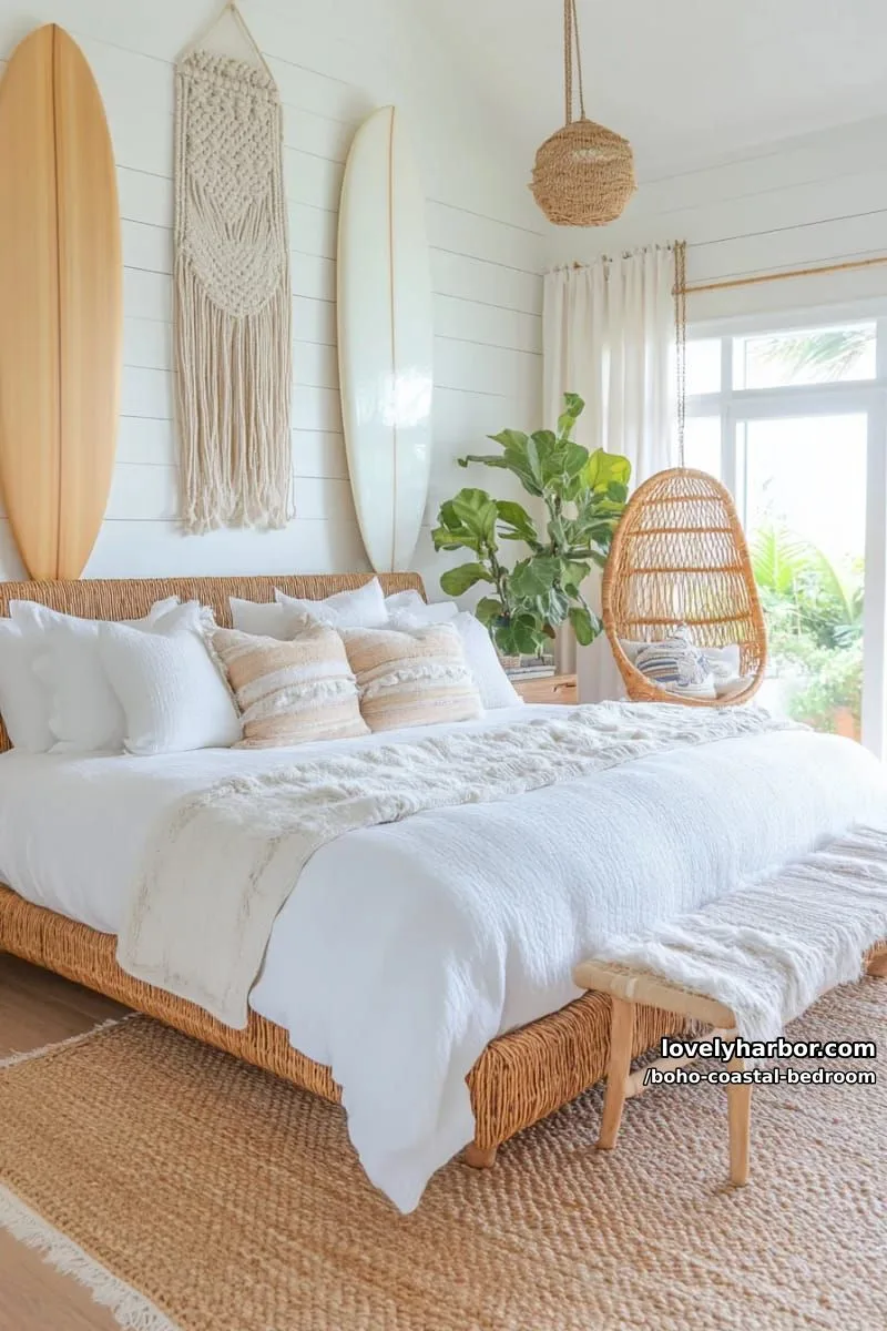 20 Boho Coastal Bedroom Ideas for a Dreamy Retreat 20 boho coastal bedroom with rattan bed, macramé, surfboards, and sunlight. 1