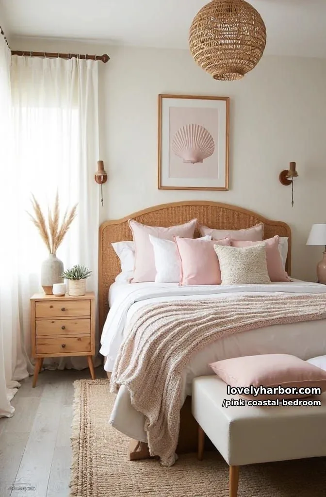 20 Dreamy Pink Coastal Bedroom Ideas to Try This Season 3 boho-coastal bedroom with rattan headboard and blush pink accents. 1