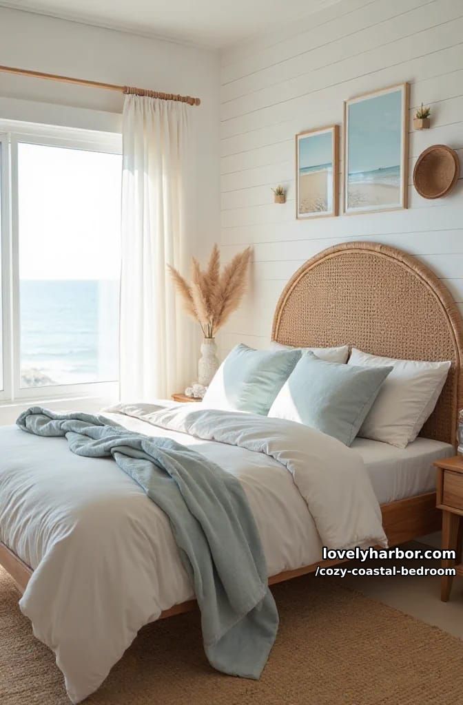 20 Dreamy Coastal Bedrooms for a Serene Retreat 15 boho coastal bedroom with rattan headboard, gallery wall, and pampas grass 1