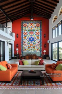 bold red accent wall with mexican folk art and vibrant modern furnishings. 4