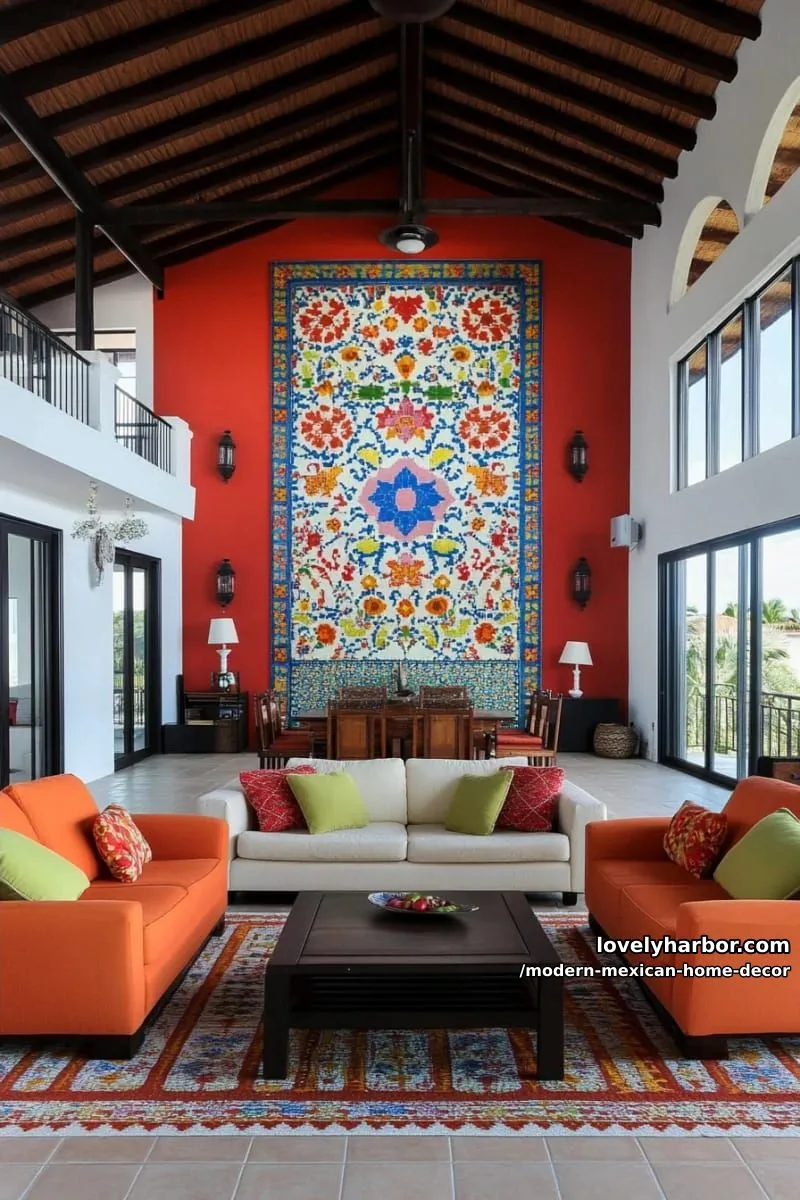18 Modern Mexican Decor for a Stylish Home 4 bold red accent wall with mexican folk art and vibrant modern furnishings. 1