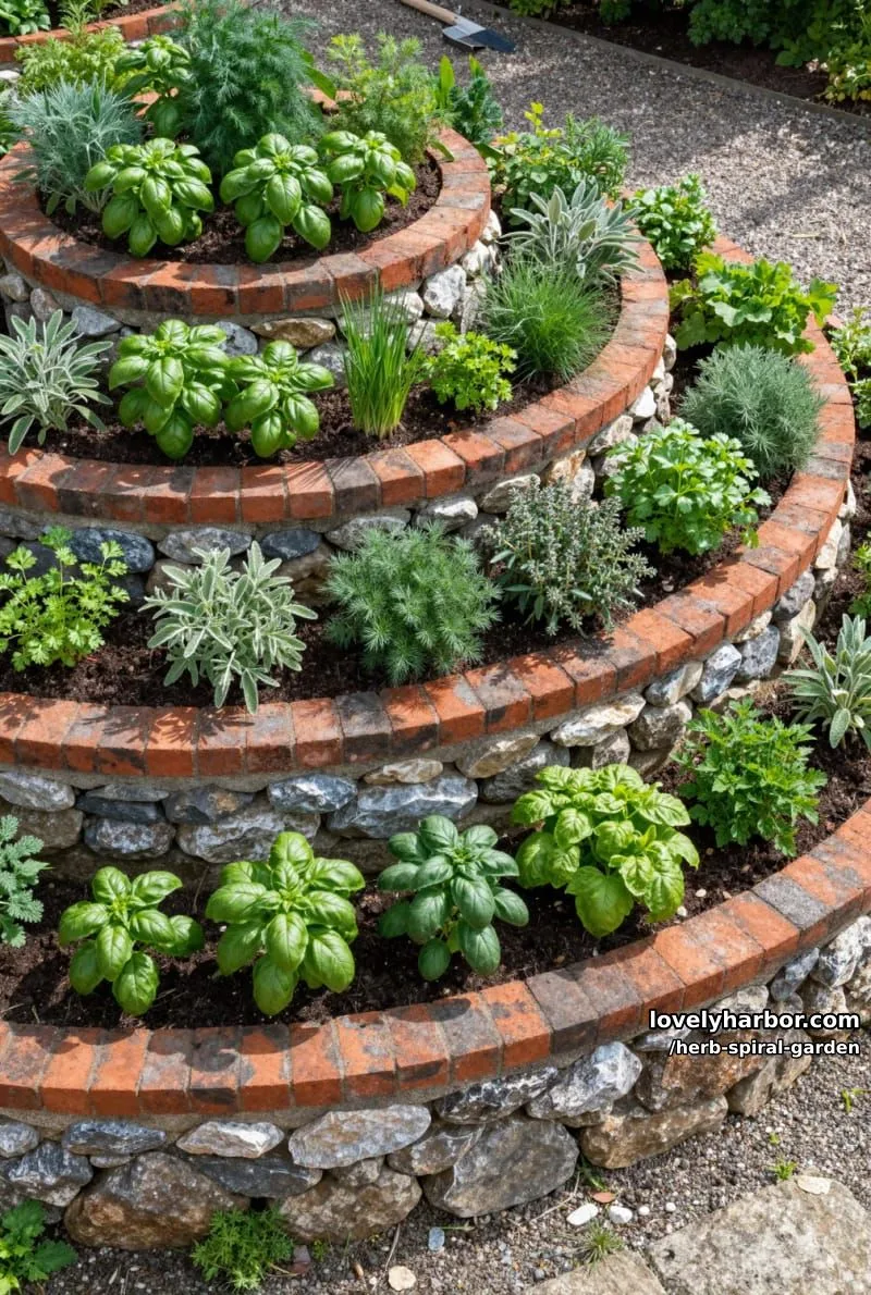 20 Unique Herb Spiral Garden Designs for Modern Yards 19 brick and stone spiral herb garden with distinct planting sections. 1