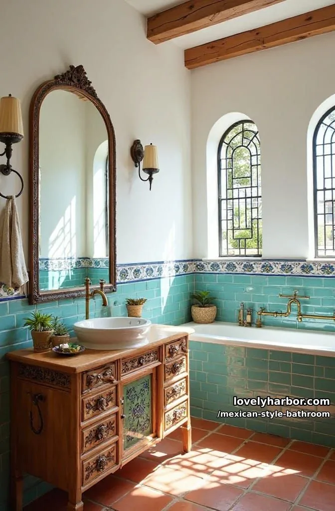 bright bathroom with turquoise subway tiles, carved wood vanity, and arched windows. 1