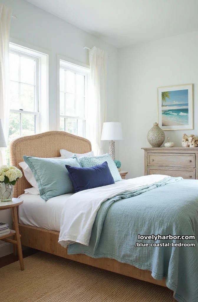 bright bedroom with natural light, woven accents, and coastal blue details. 1