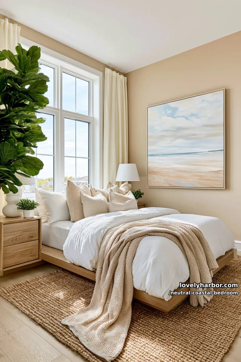 bright bedroom with platform bed, neutral throws, beach art, and potted plant. 1