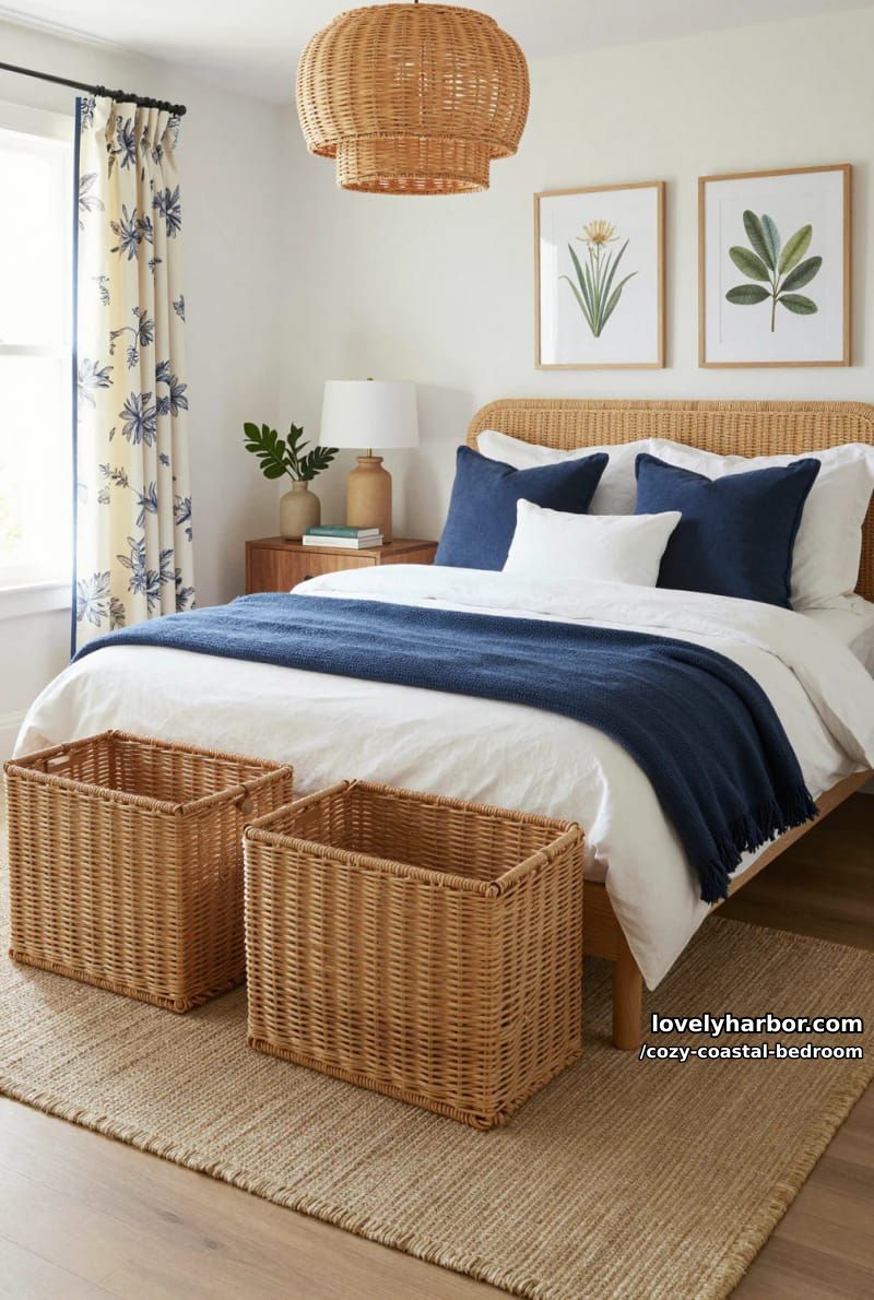 20 Dreamy Coastal Bedrooms for a Serene Retreat 21 bright bedroom with rattan headboard, blue bedding, and botanical prints 1