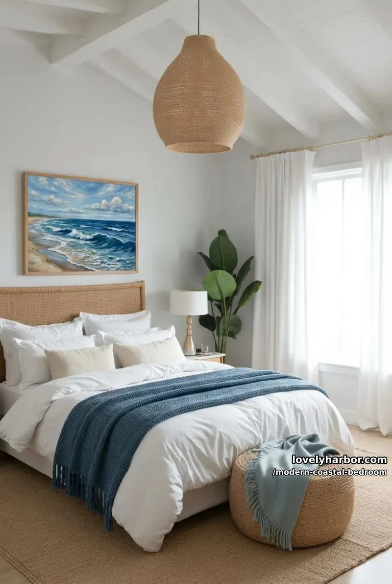 bright bedroom with rattan headboard, blue tones, and woven accents. 1