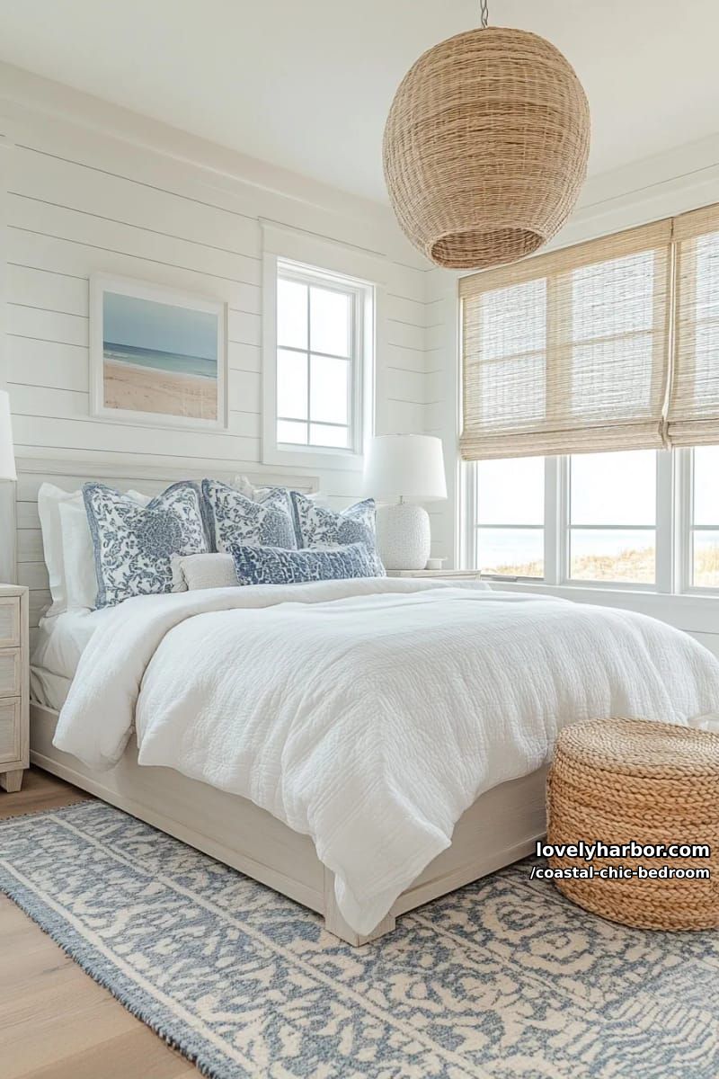 bright bedroom with shiplap walls, blue pillows, beach view, and wicker lighting. 1