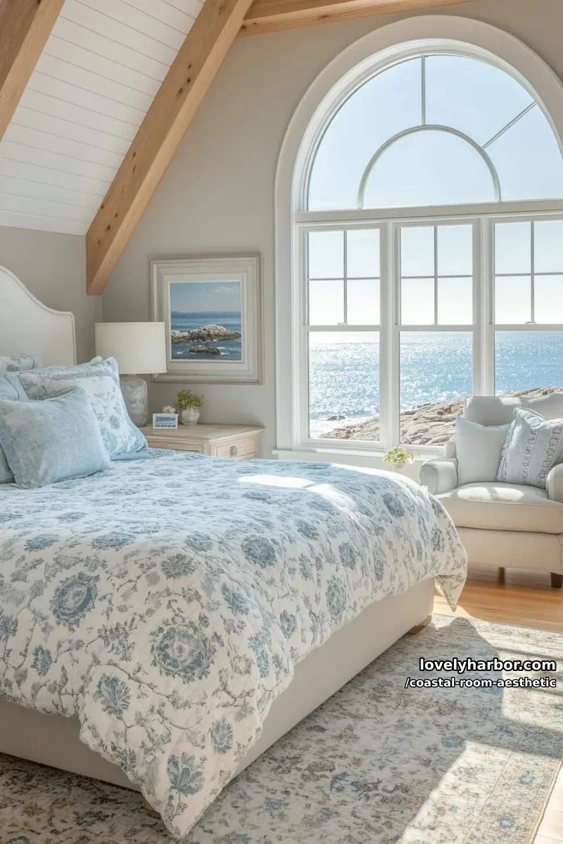 bright bedroom with vaulted ceilings, ocean views, blue bedding, and wooden accents. 1