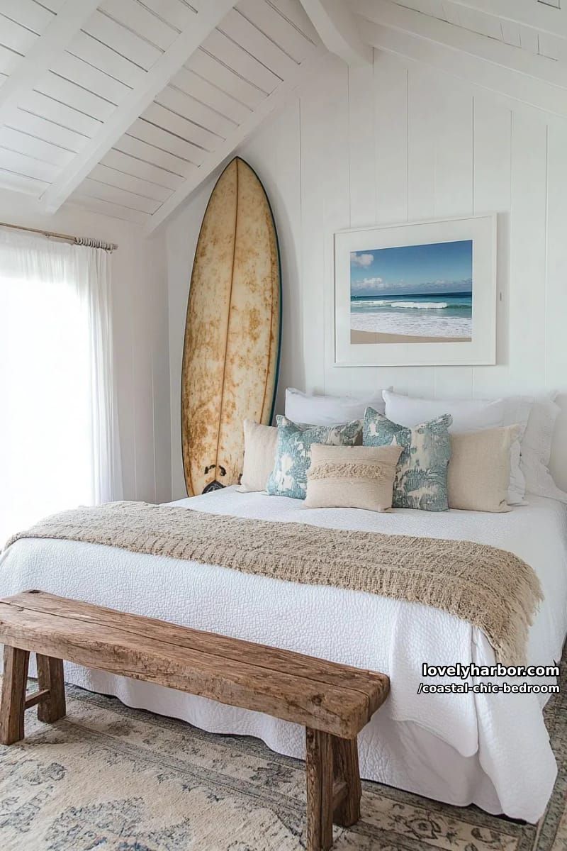 bright bedroom with white bedding, blue accents, and surfboard decor. 1