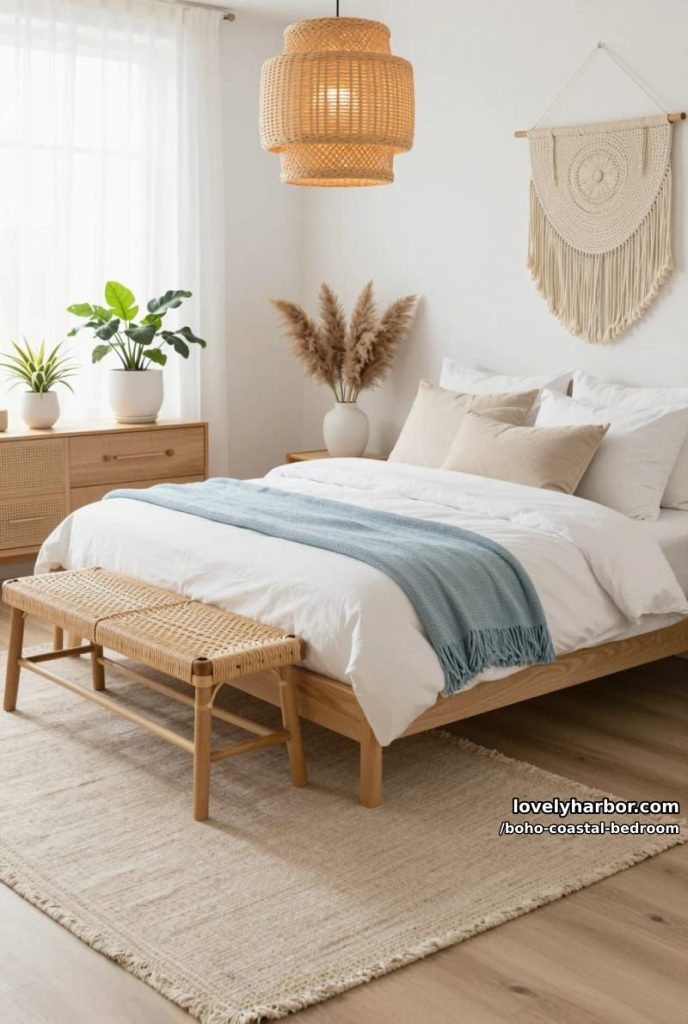 bright bedroom with wooden bed, rattan bench, pampas grass, and woven lamp. 10