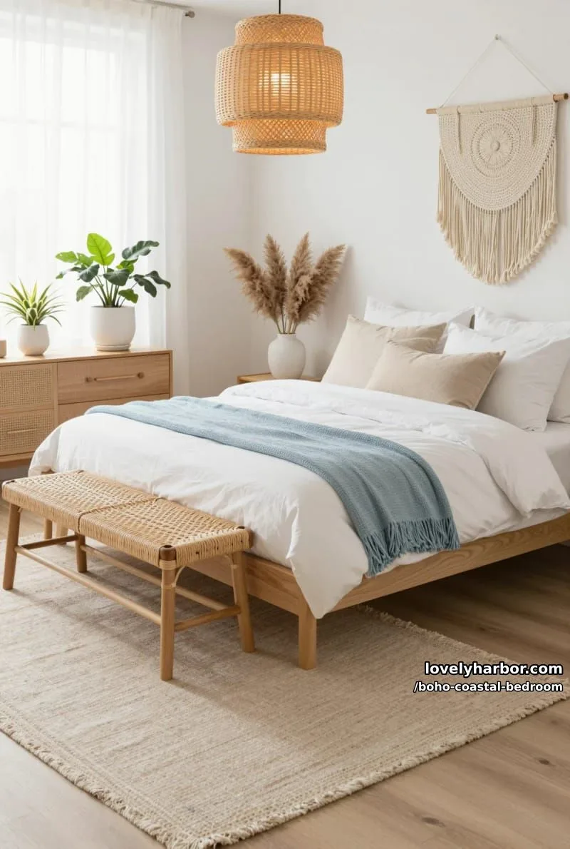 20 Boho Coastal Bedroom Ideas for a Dreamy Retreat 10 bright bedroom with wooden bed, rattan bench, pampas grass, and woven lamp. 1