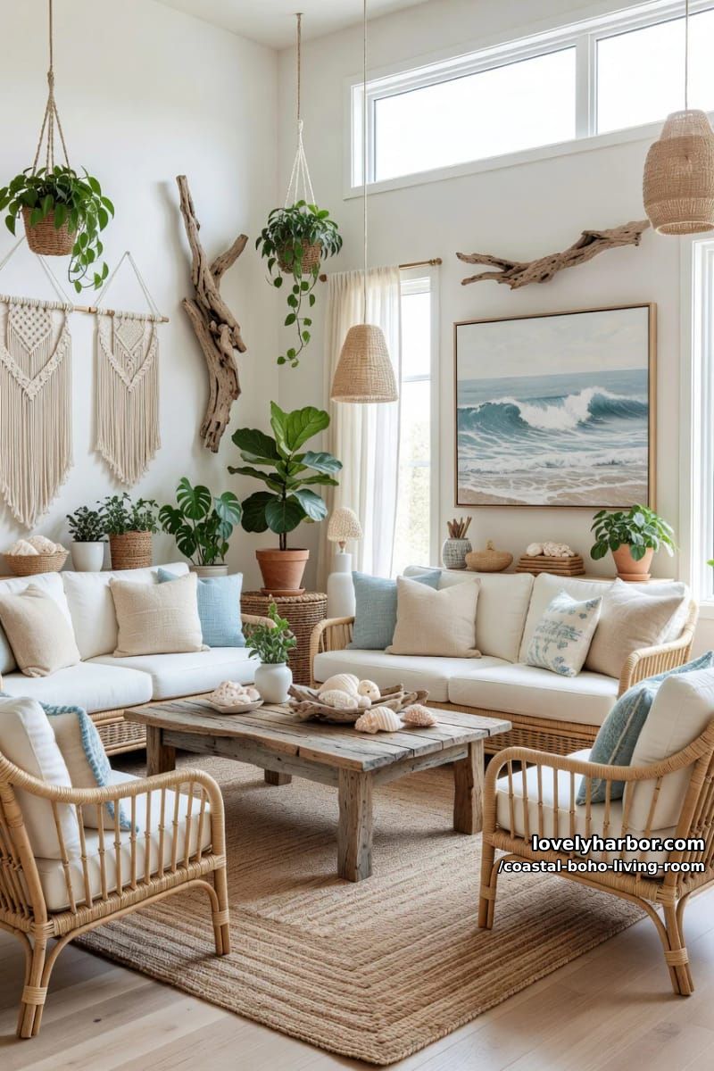 bright boho coastal living room with rattan furniture and ocean-inspired decor. 1