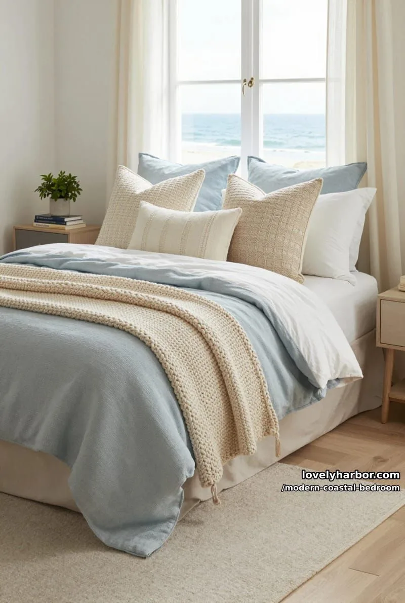 bright coastal bedroom with large windows and blue, cream, and beige bedding. 1