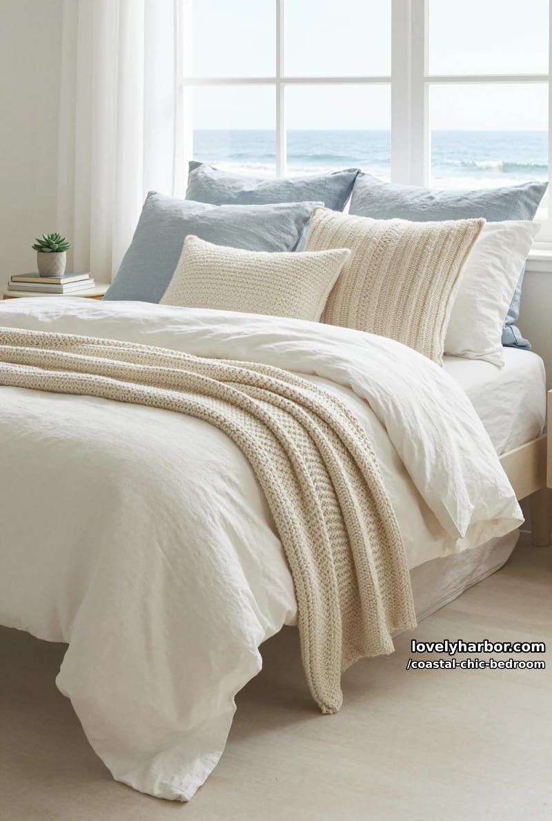 bright coastal bedroom with layered bedding, knit throw, and textured pillows. 1