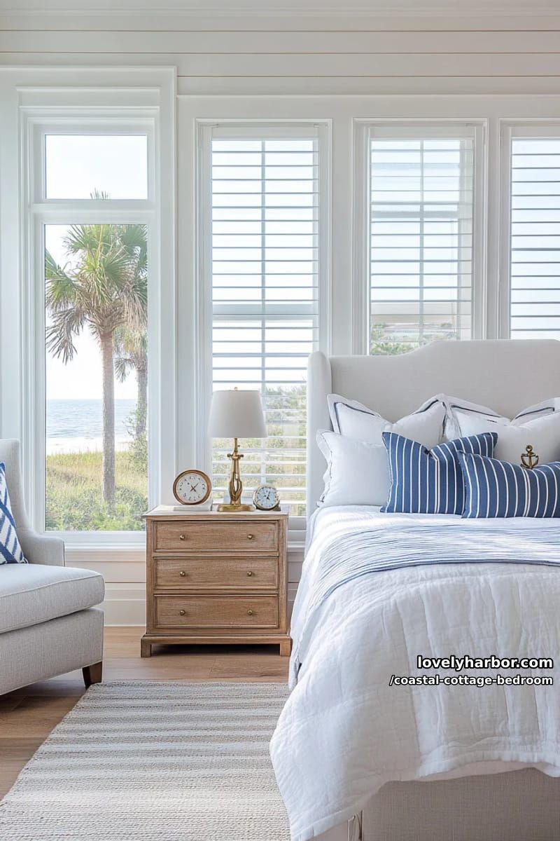 bright coastal bedroom with ocean views, blue striped pillows, and natural materials. 1
