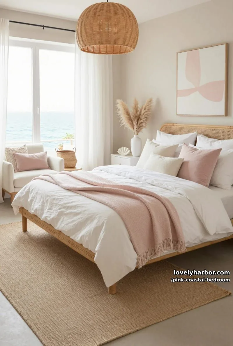 20 Dreamy Pink Coastal Bedroom Ideas to Try This Season 11 bright coastal bedroom with rattan bed, jute rug, and pampas grass. 1