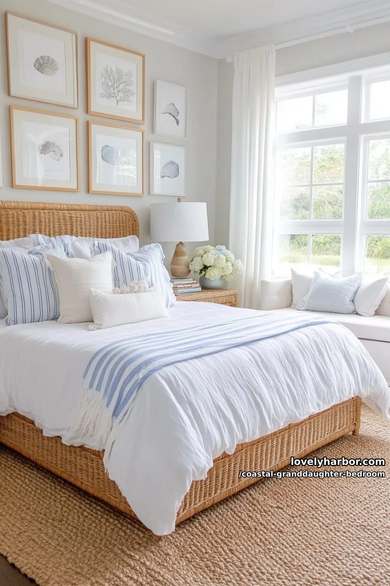 bright coastal bedroom with rattan headboard, striped pillows, and beach prints. 1