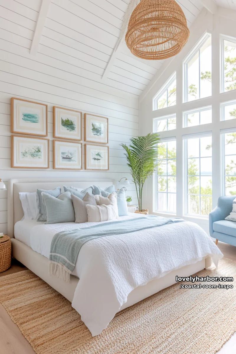 bright coastal bedroom with shiplap walls, gallery art, and rattan pendant light 1