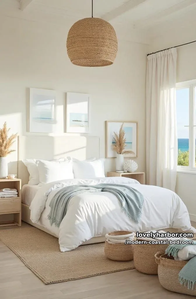 bright coastal bedroom with white linens, rattan pendant, and woven baskets. 1
